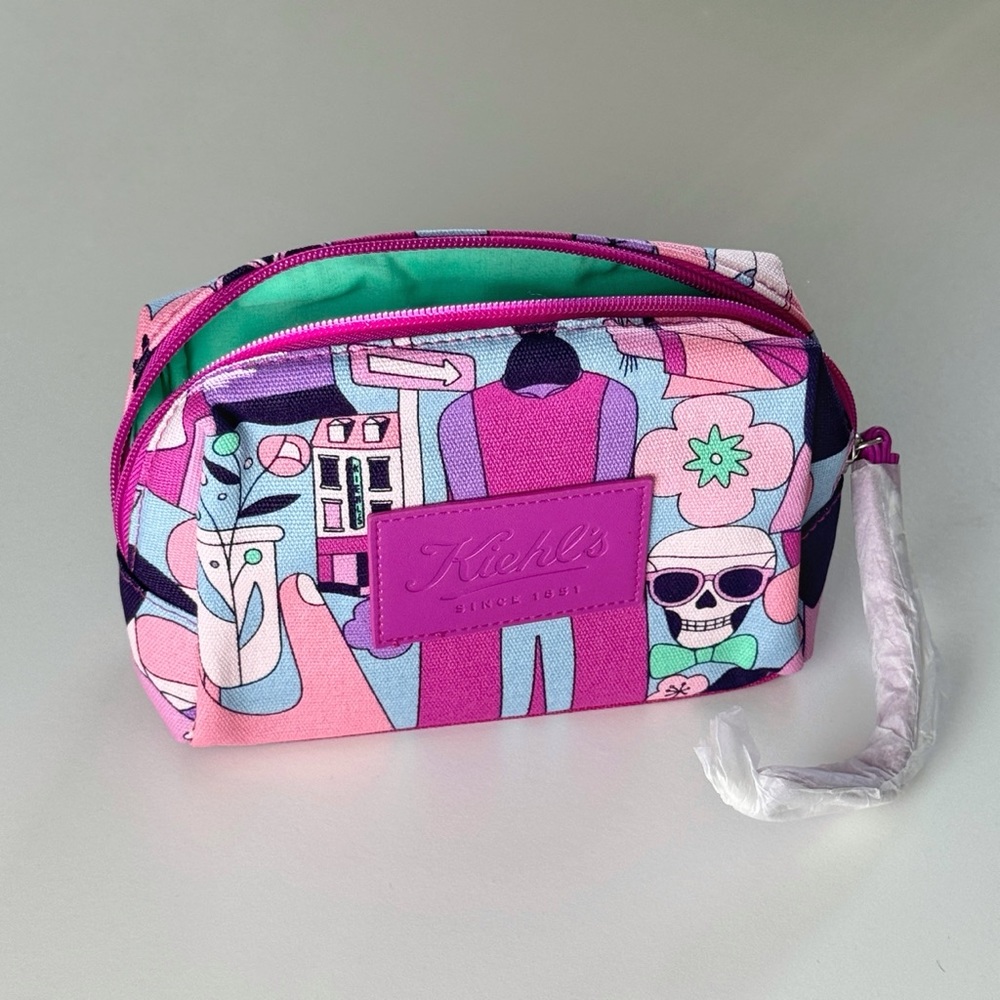 Kiehl’s Magenta Skull Zippered Canvas Cosmetic Pouch Bag